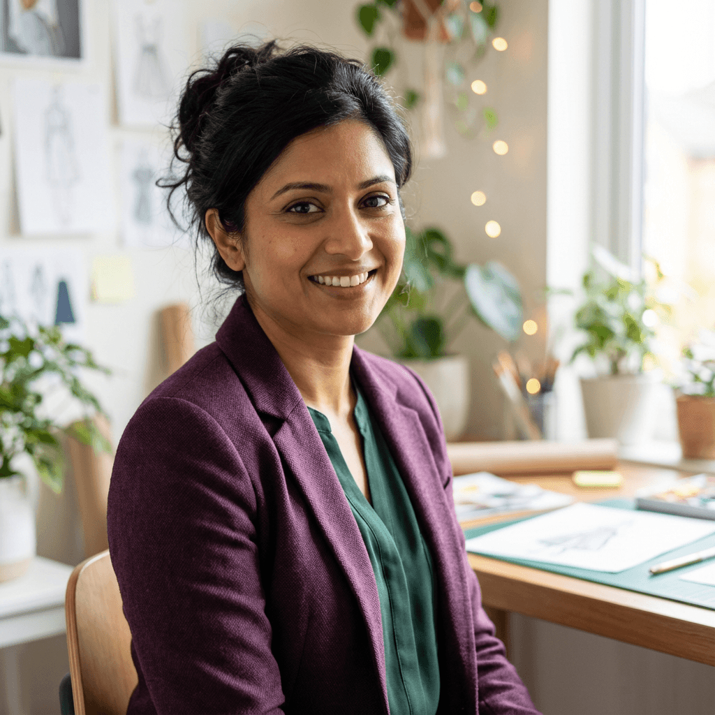 Priya Patel standing by a stage in a corporate venue