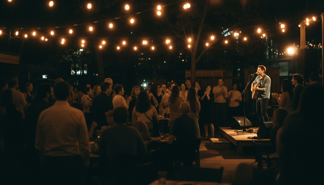 Guests enjoying a live performance at a Toronto event venue with warm string lights