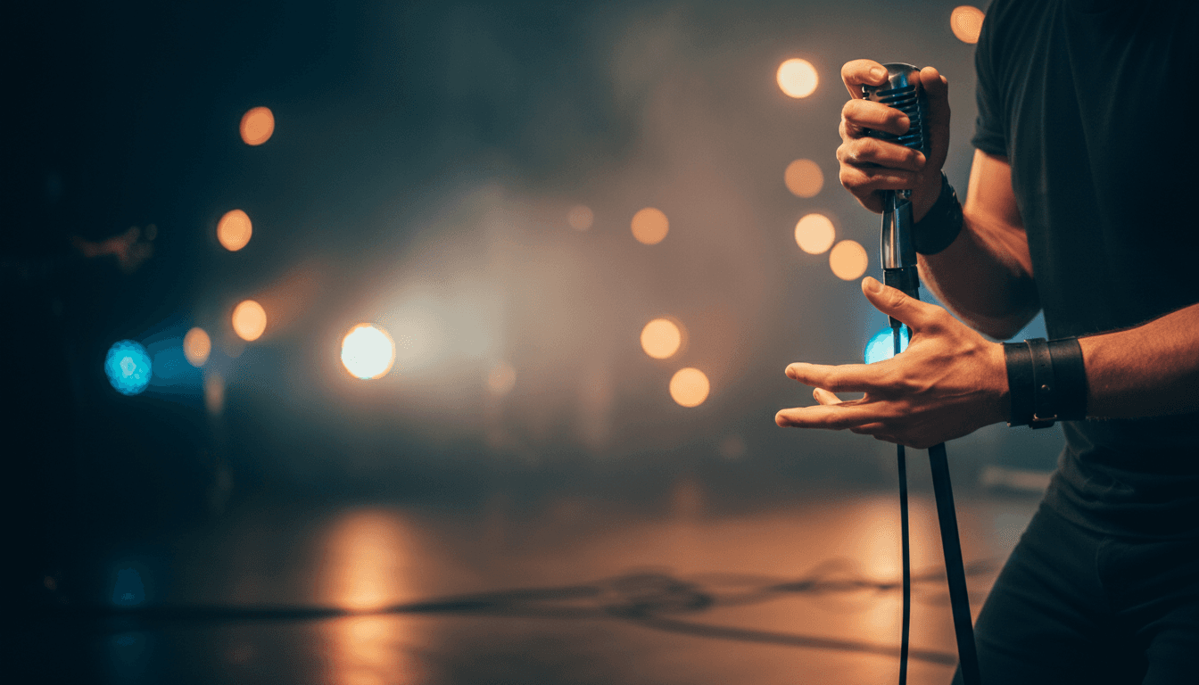 Performer holding microphone on a stage with warm lights glowing in the background