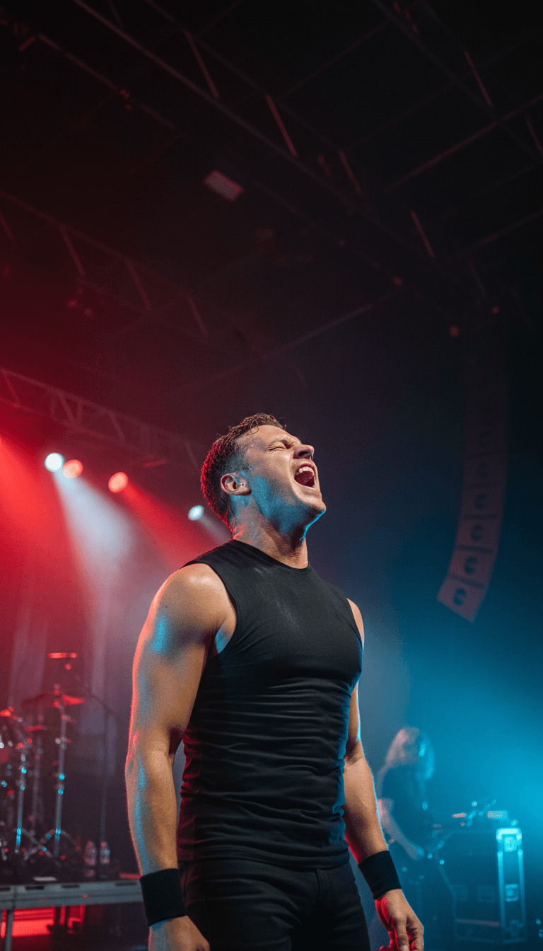 Live vocalist performing on stage with audience in background