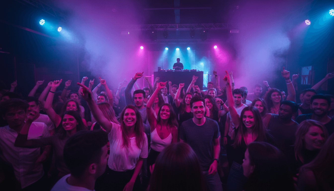 Guests dancing at a corporate gala with live band on stage