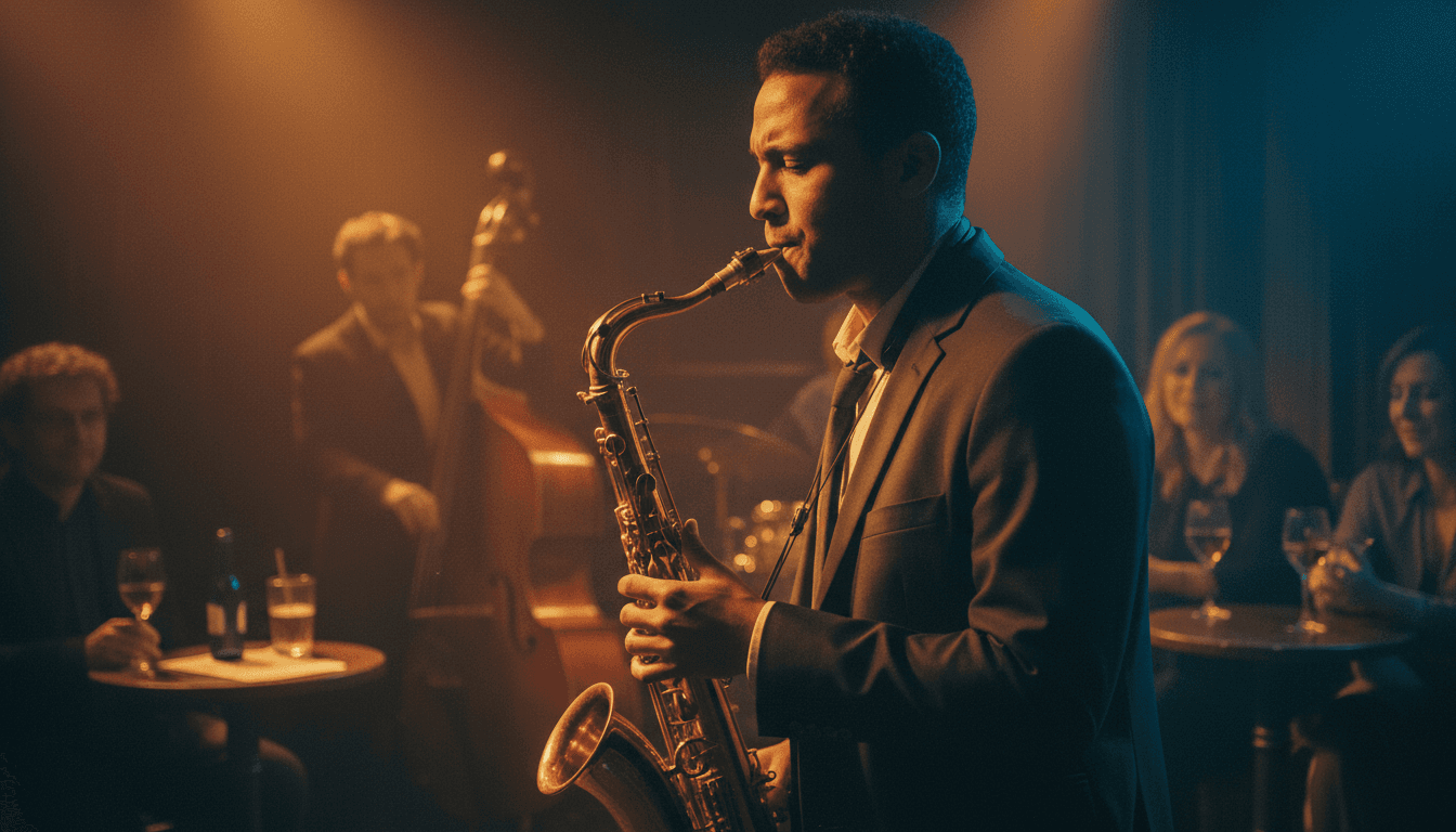 Saxophonist performing solo with warm spotlight and blurred crowd behind