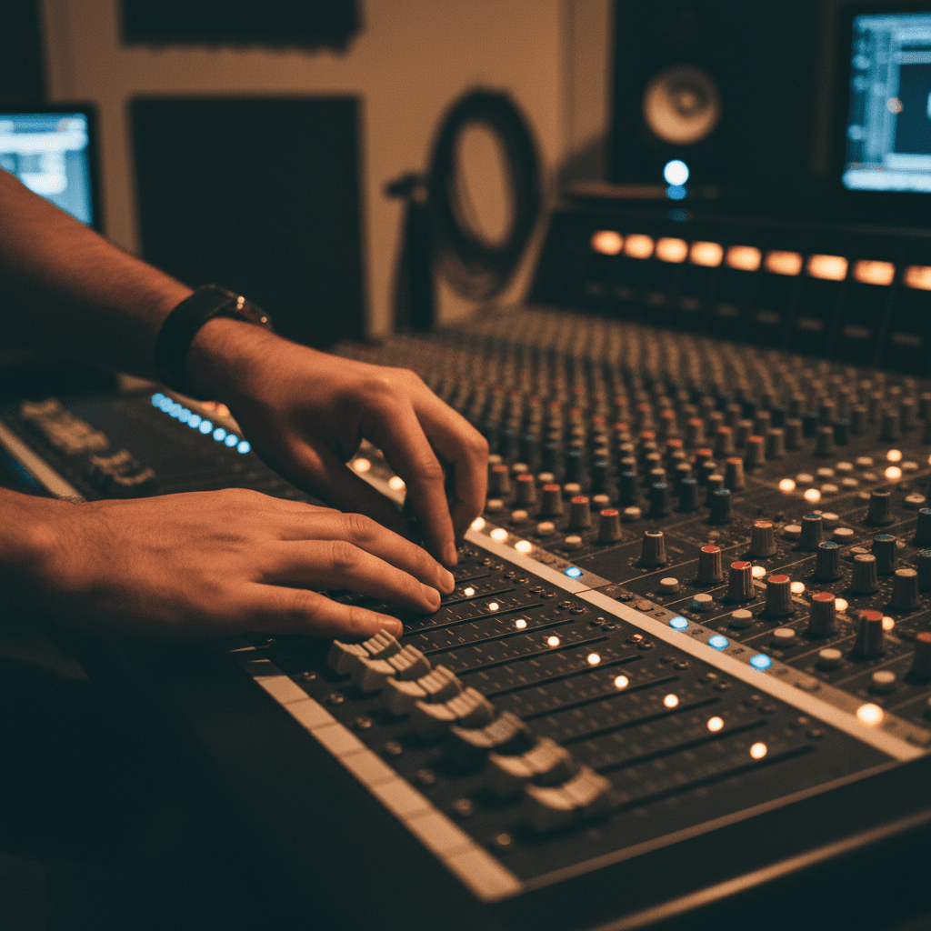 Sound engineer fine-tuning a mixing board during event setup