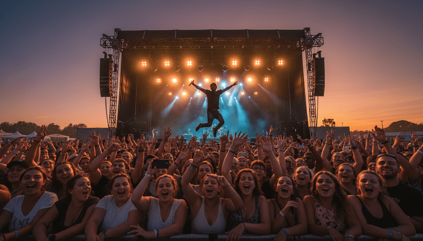 Stage lights and confetti over a cheering crowd at a live event