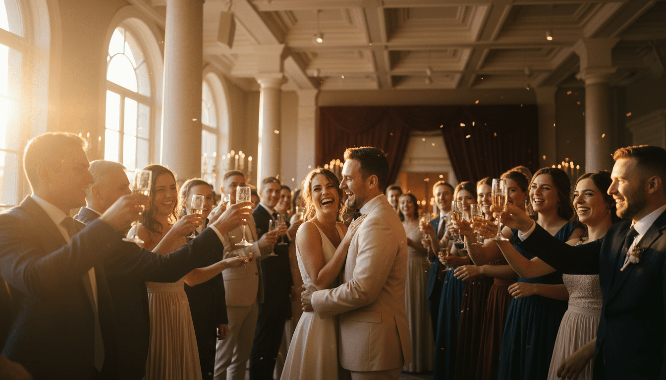 DJ smiling while mixing music as guests dance in the background