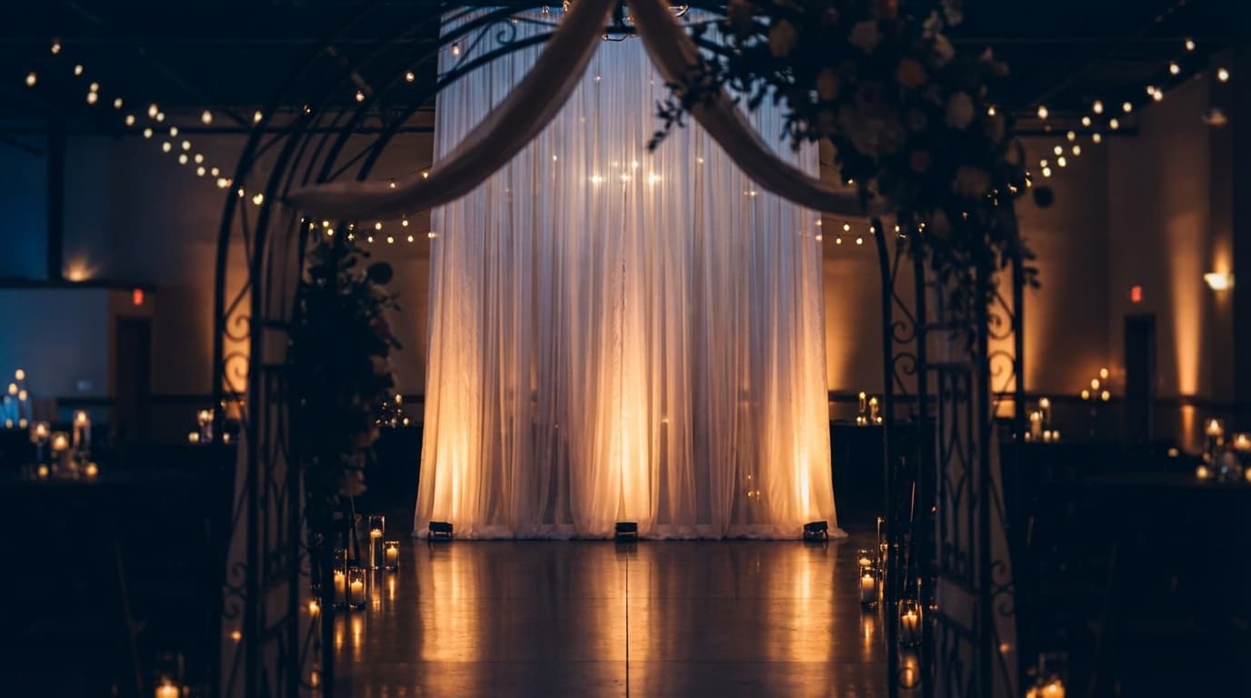 Event venue set up for a celebration with stage, lighting, and decorated tables in Toronto