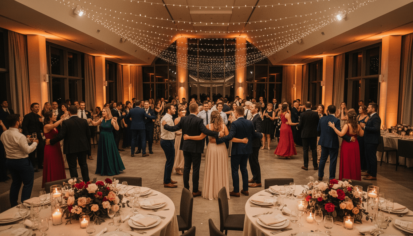 Wedding reception with live band and guests dancing under string lights