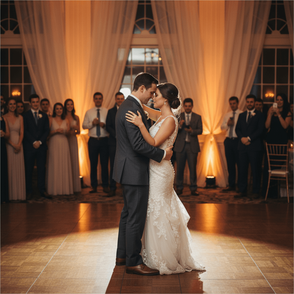 Couple's first dance under fairy lights